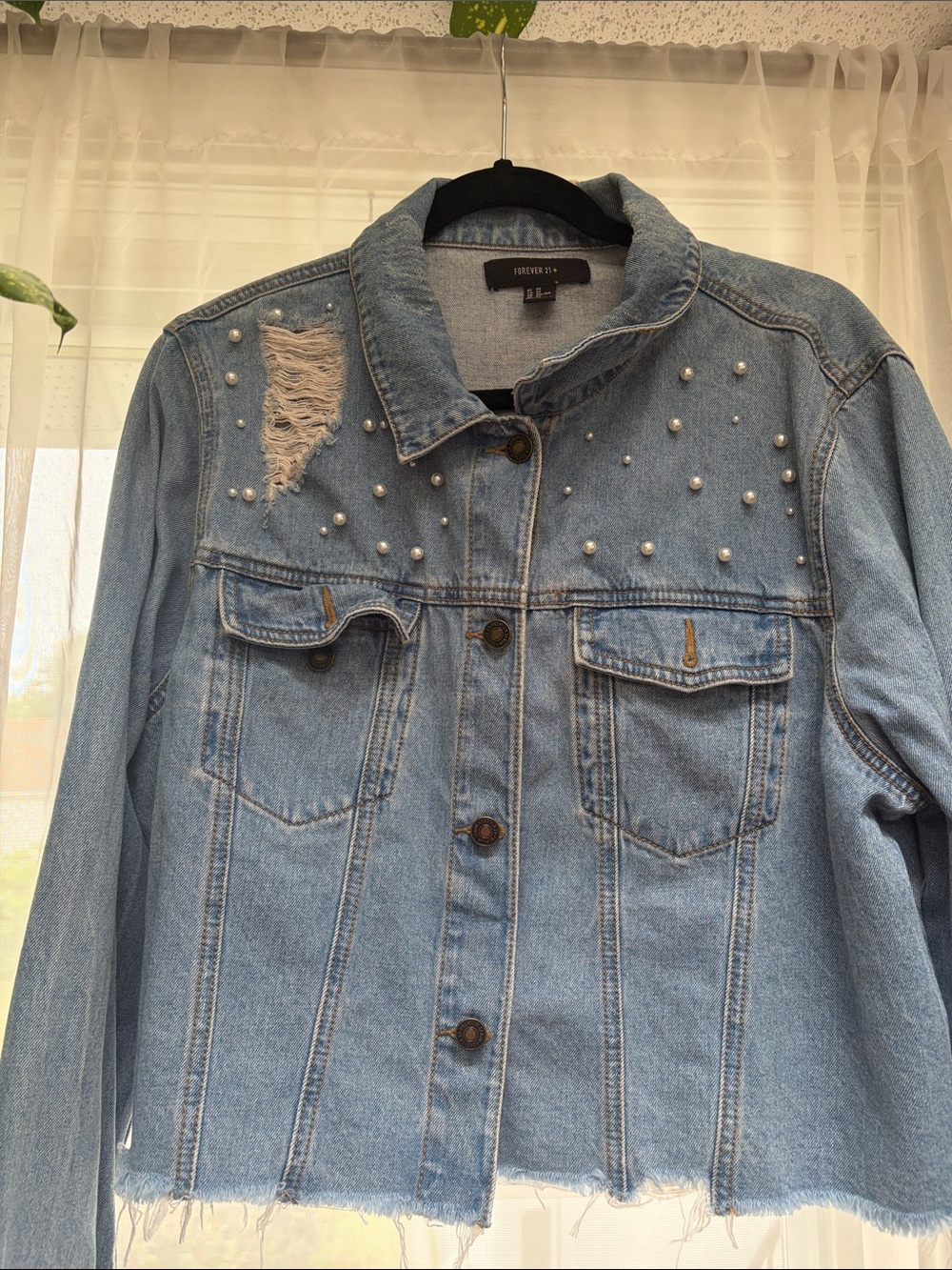 Forever 21 Light Blue Pearl-Accent Distressed Denim Jacket